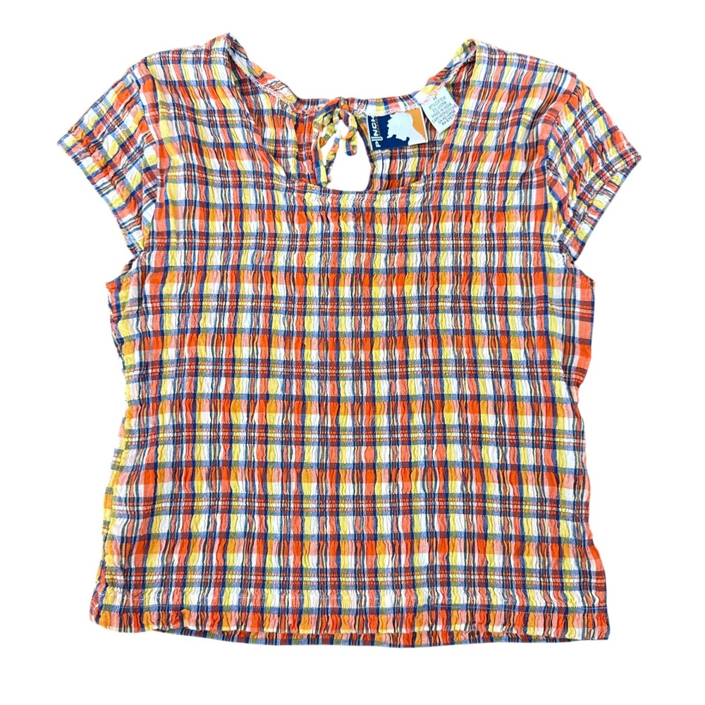 90s Vintage Plaid Cropped Shirt Square Neck Cap Sleeve Medium Multi Color